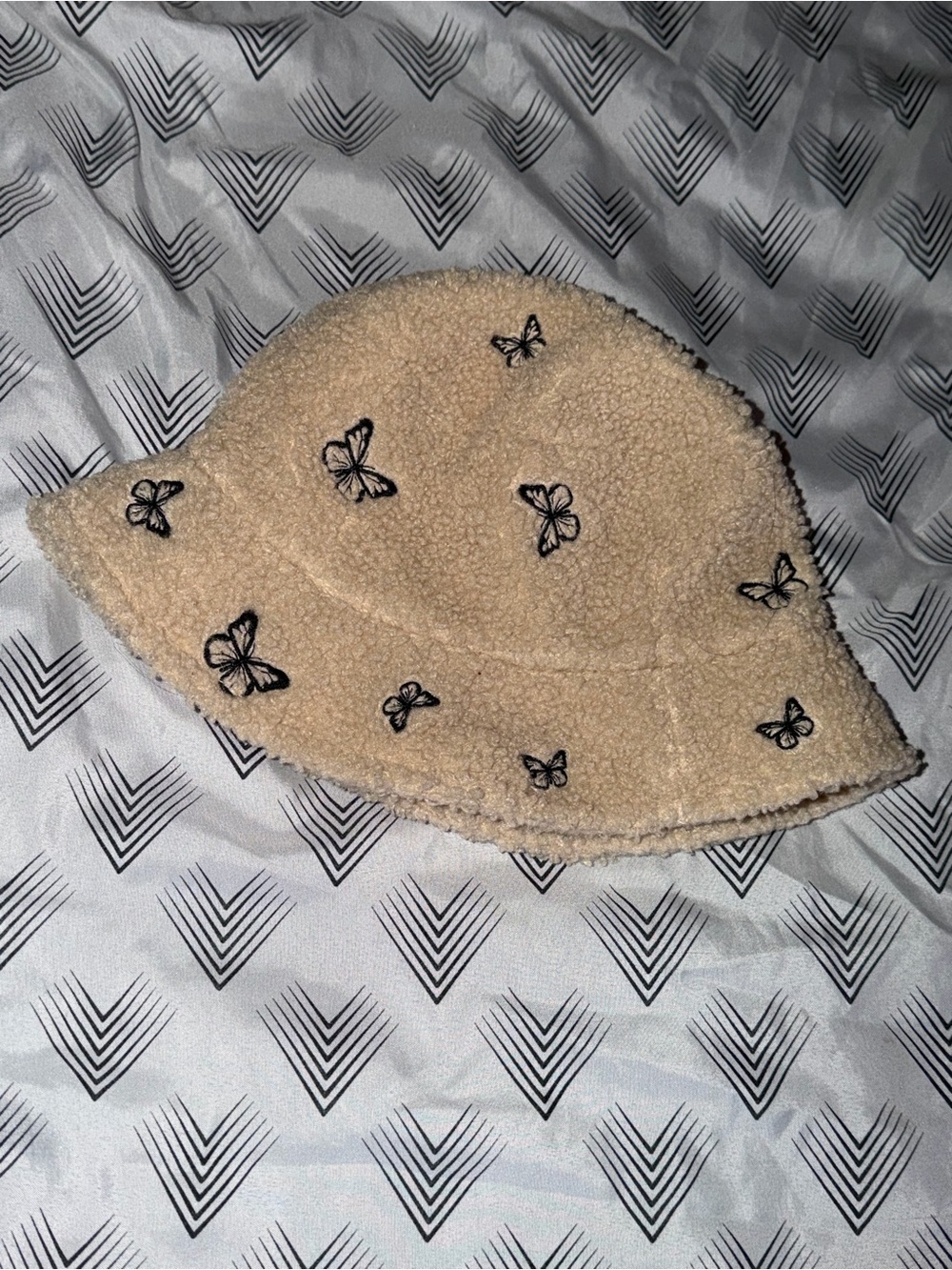 Cream Sherpa Bucket Hat Embroidered Butterflies Y2K Cottagecore